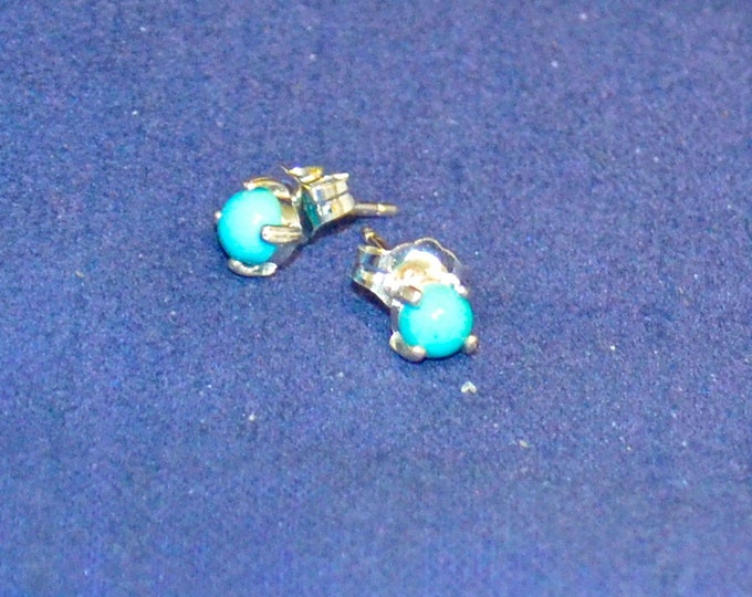 Turquoise Studs, 4mm Round Cabochon, Natural, Set in Sterling SilverE1133