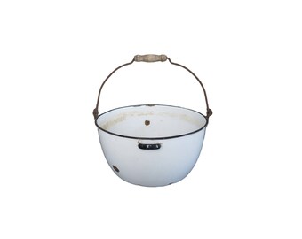 Vintage Large Round White Enamel Black Rim Wash Tub Bucket Basin With Wooden Handle