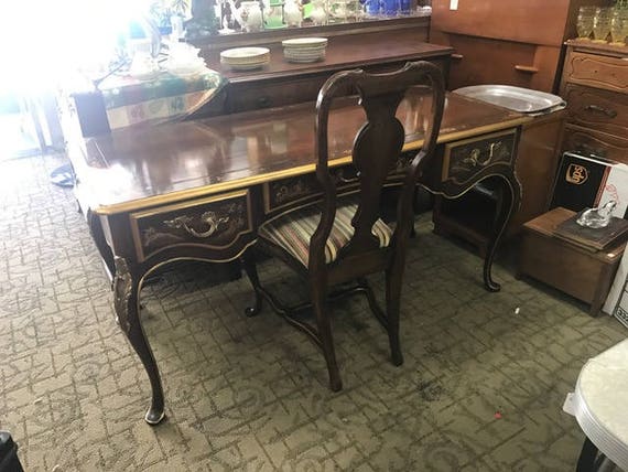 Asian style writing desk with chair handpainted brown lacquer