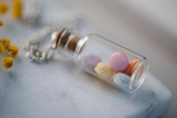 Mini Pastel Macaron Necklace - Tiny Bottle of Macaron Biscuits - Free Postage - Miniature Food Jewellery - Miniature Food Necklace