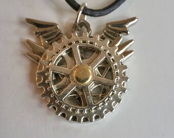 Steam punk Diesel punk Gear wings cogs OOAK pendant Unisex necklace jewelry