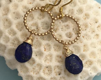 Handmade Goldfill beaded hoop & lapis earrings Wire wrapped lapis Simple