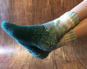 Hand knit socks - ombre turquoise/cream gradient - hand knit slipper socks -fuzzy house socks -perfect gift idea