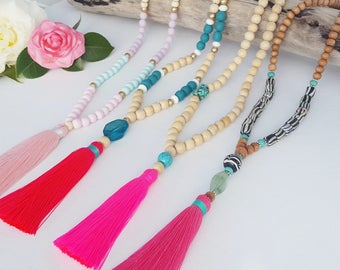Pink Tassel necklace . Long beaded tassel necklace with neon pink, baby pink or raspberry pink tassel. wooden bead tassel necklace.