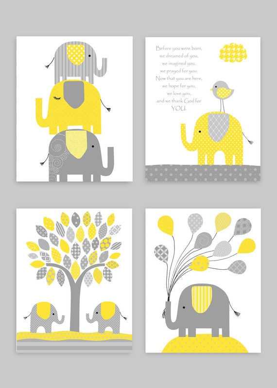 Gray and Yellow Elephant Nursery Decor Elephant Baby Prints