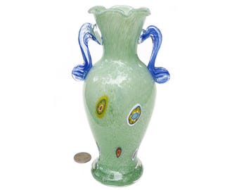 Murano Millefiori Spatter Glass Vase, Two Curvy Applied Glass Handles, Ruffled Rim, 8” Tall Vintage Italian Art Glass, Excellent Condition