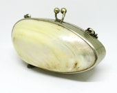 Antique Victorian Edwardian Mother Of Pearl Iridescent Clam Shell Silver Plate Small Cosmetic Coin Purse