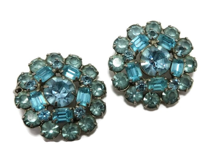 Weiss Teal Blue Earrings, Vintage Blue Rhinestone Earrings Signed Weiss Clip on Earrings Costume Jewelry Gift