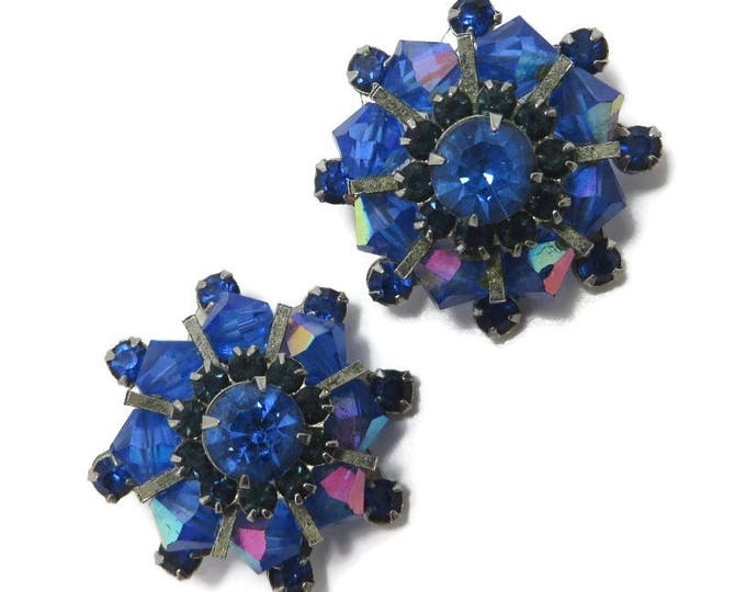 Weiss Royal Blue Rhinestone Earrings, Vintage AB Rhinestone Clip-on Earrings, Signed Weiss Jewelry