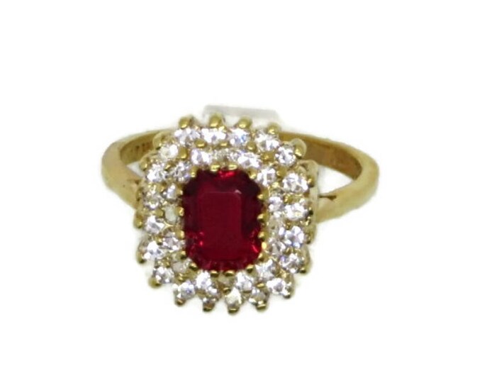 Red Garnet CZ Ring, 14K Gold Plated Ring, Vintage LIND Ring, Cocktail Ring, Size 10
