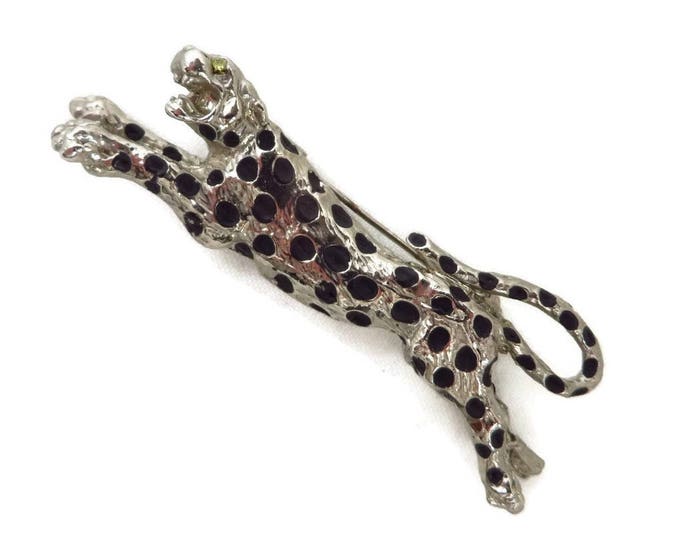 Vintage Leopard Brooch Silver Tone Leopard Pin 1970s Animal Pin Wide Enamel Brooch
