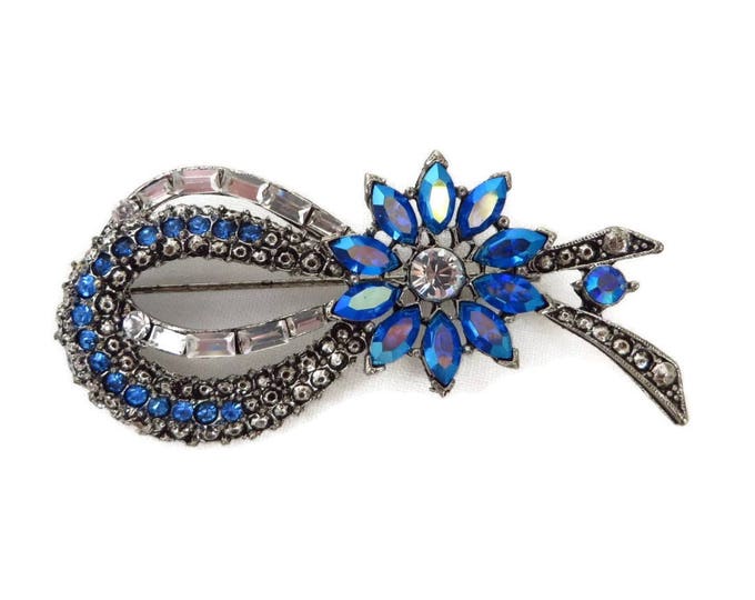 Blue Rhinestone Brooch, Bow Brooch, Signed Weiss AB Rhinestone Pin, Vintage Jewelry, Sapphire Blue Crystal Pin, Gift for Her