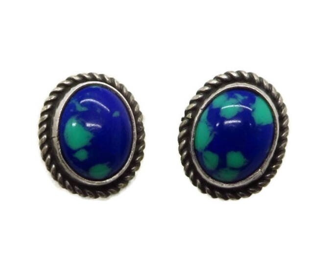 Sterling Silver Earrings, Azurite Pierced Earrings, Native American Sterling Silver Studs, Vintage Braided Pierced Earrings, Gift for Her