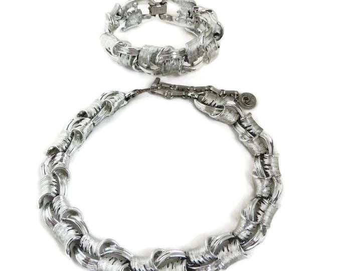 Lisner Demi Parure - Vintage Designer Necklace Bracelet Set, Chunky Silver Tone Links, Perfect Gift, Gift Box