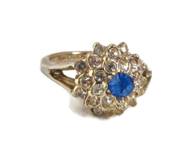 Sapphire Glass Cocktail Ring, Vintage 14K Gold Electroplated Ring, Blue and White Rhinestone Ring, Size 7.25