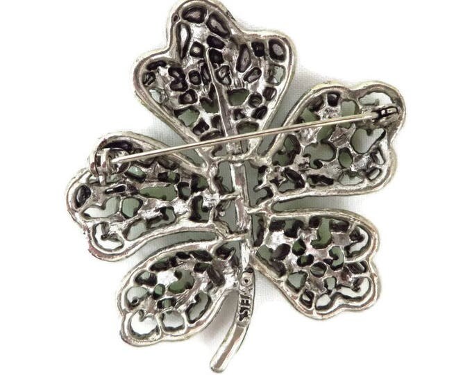 Rhinestone Shamrock Brooch - Vintage Weiss Emerald Green Rhinestone Silver Tone Brooch, Gift idea, Gift Box