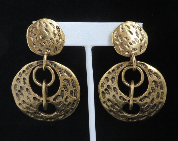 Vintage Chicos Dangling Disc Earrings - Gold Tone Cavewoman Clip-ons, Gift for Her