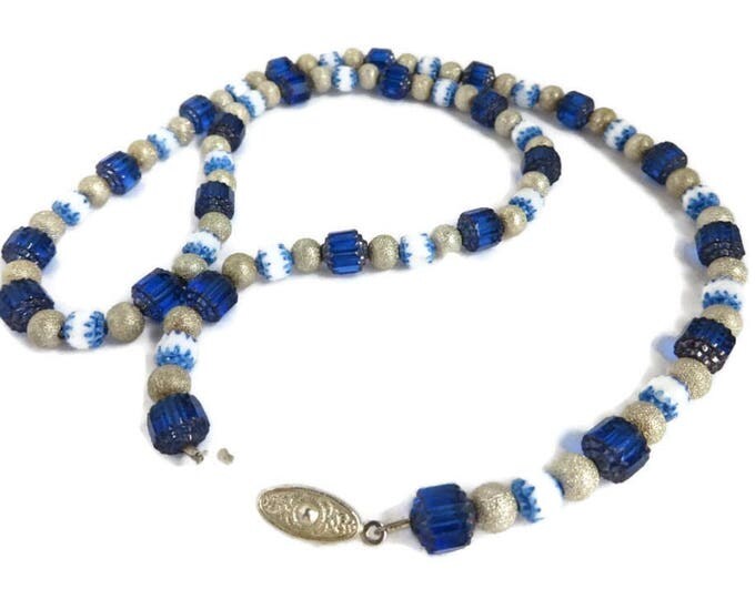Vintage Glass Necklace, Blue, White, Cream Bead Necklace, Frosted Grooved Glass Necklace
