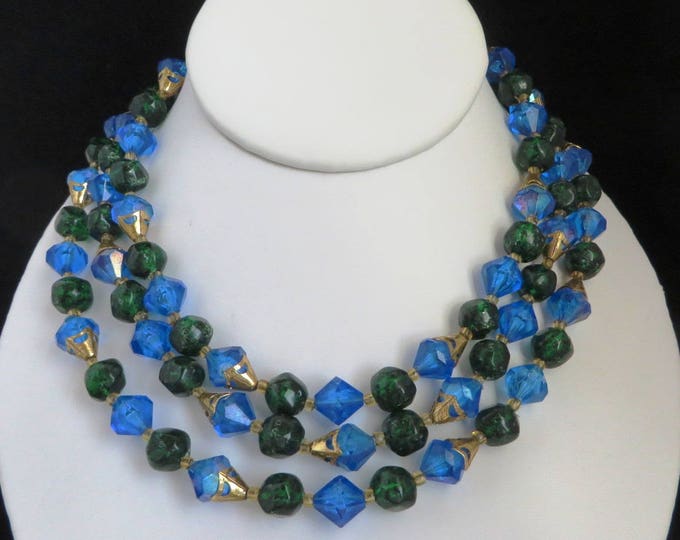 West Germany Necklace | Vintage Blue Beaded Necklace | Triple Strand Necklace | Blue, Green Beaded Choker
