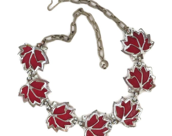 Red Leaf Necklace | Vintage Thermoset Necklace | Mid Century Silver Tone Link Choker