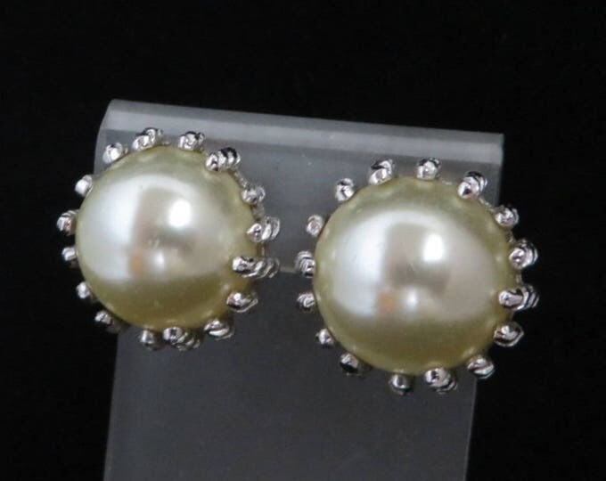 Judy Lee Faux Pearl Earrings | Vintage Button Earrings | Silver Tone Clip-ons | Signed Designer Jewelry