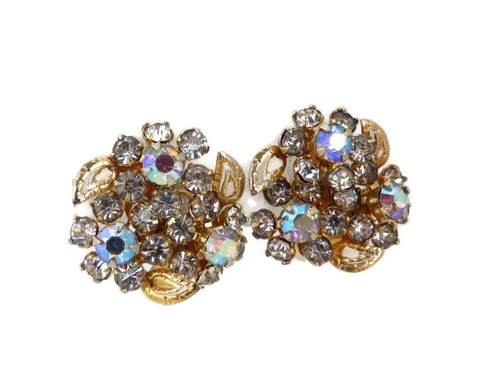 Rhinestone Bridal Earrings - Vintage Rhinestone Gold Tone Flower Clip-ons, Gift for Her, Gift Boxed