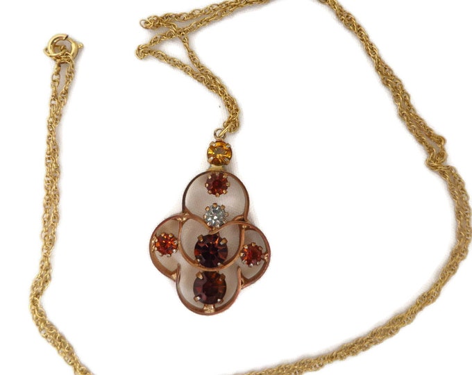 Vintage Orange Rhinestone Pendant, Gold Filled Chain Link Necklace, 24" Length
