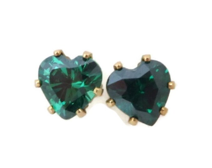 14K Gold Earrings, Emerald CZ Pierced Earrings, Vintage Heart Earrings, Pierced Studs, May Birthday, Gift for Her