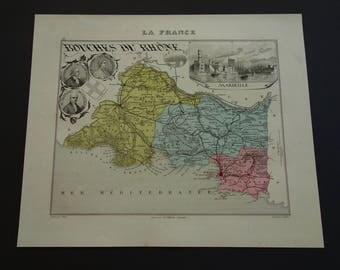 1874 antique map of Bouches-du-Rhône departement France - beautiful old hand colored print - Marseille Arles Aix-en-Provence Martigues 9x11"