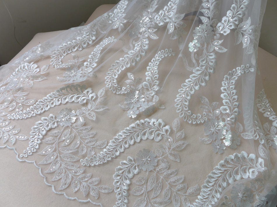 Venice Leaves Lace Fabric Off white Tulle Embroidery Sequined Fabric ...