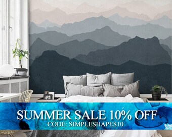 Mountain Mural Wallpaper, Grayish Navy Pale Pink, Mountain Extra Large Wall Art, Peel and Stick Wall Poster