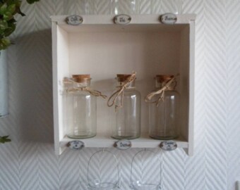 Kitchen shelf old drawer patina white linen and its glass jars