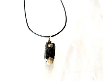 Raw Black Tourmaline Necklace / Vegan Adjustable Black Stone Pendant / Protection Amulet with Waxed Cotton Cord / Unisex Men's Necklace E166
