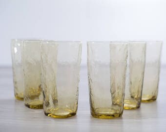 Vintage Crinkle Glasses / Set of 6 Honey Colored Icicle Textured Drinking Glasses / Amber Yellow Cocktail Glassware Barware Art Glass