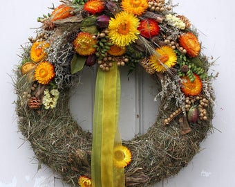 Door wreath with orange yellow Strawflower 38 cm
