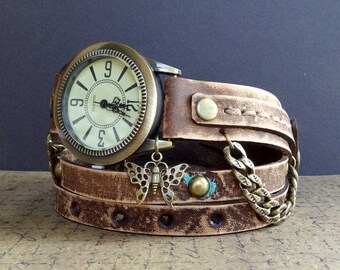 Women's leather cuff, vintage looking bracelet watch, Leather Wrap Watch, brown wrist watch, women's watch, Steampunk watch, Butterfly watch