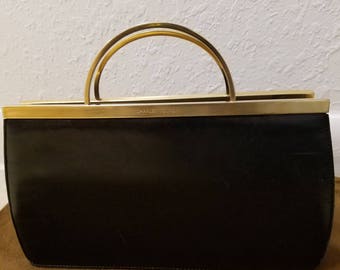 Vintage CHARLES JOURDAN Black Gold Handle Clutch Handbag with detachable shoulder strap