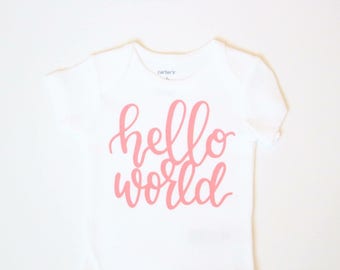 Baby girl clothes, Hello World Gold Baby Bodysuit, Newborn Onesie, Coming home outfit, Hello world newborn outfit, hospital outfit