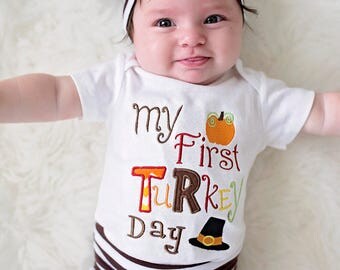 My First Turkey Day - Baby Girls Boys Thanksgiving Bodysuit , Shirt - Baby's First Thanksgiving Outfit - My First Thanksgiving - Knot Hat