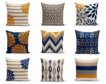 Throw Pillow Cover, Pillow Covers, Navy Carrot Taupe Grey, Accent Pillows, Cushion Covers, Orange and Navy Decor Decorative Pillows