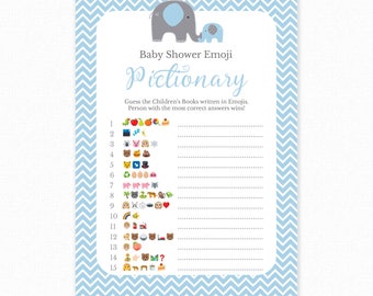 Baby Shower Game - Blue Baby Shower - Emoji Pictionary - Blue Elephant Baby Shower Printable - Baby Shower Emoji Game, - Blue Elephant