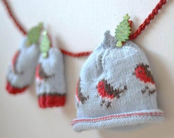 CHRISTMAS PATTERN OFFER! - Beanie and baby mittens knitting pattern Little Robins