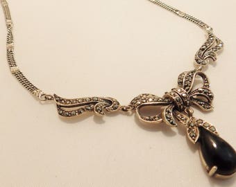 Sterling Sterling Marcasite & Onyx Pendant Necklace