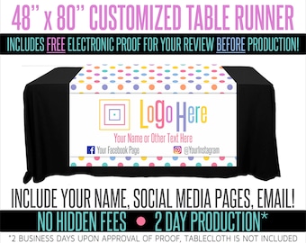 Full Color Table Runner with Your Logo in a Polka Dot Style Background - 48" x 80"
