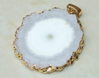 Solar Quartz Pendant - Druzy Pendant - Flower Stalactite - Gold Plated Edge and Bail - 38 mm x 41 mm - 4241