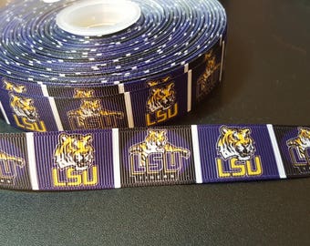 LSU Tigers printed 7/8 inch grosgrain ribbon for hair bows, scrapbooking, other crafts - M2427