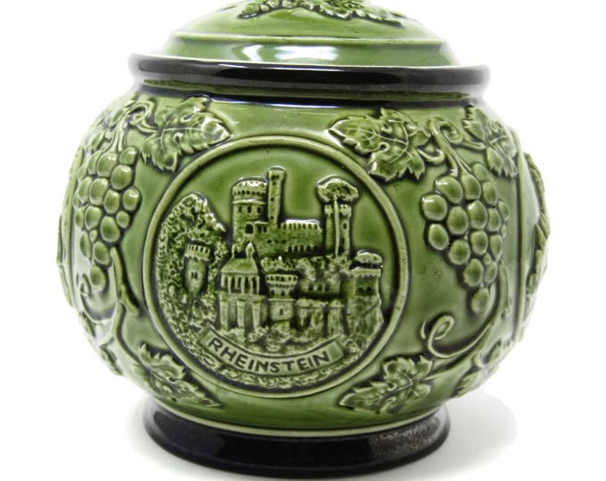 Vintage West Germany Stoneware Jar with Lid - Green Rheinstein Cookie Jar - Germany Hot Cider Barrel - Tureen w/ Lid Teen