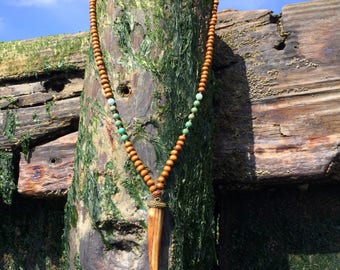 bone tusk pendant wood beaded long boho necklace