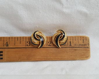 Black, Diamond Rhinestone and Gold Vintage Clip on Earrings