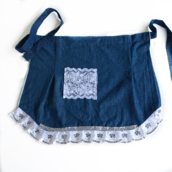 Denim fabric apron with Pocket Sparkly lace ruffles apron